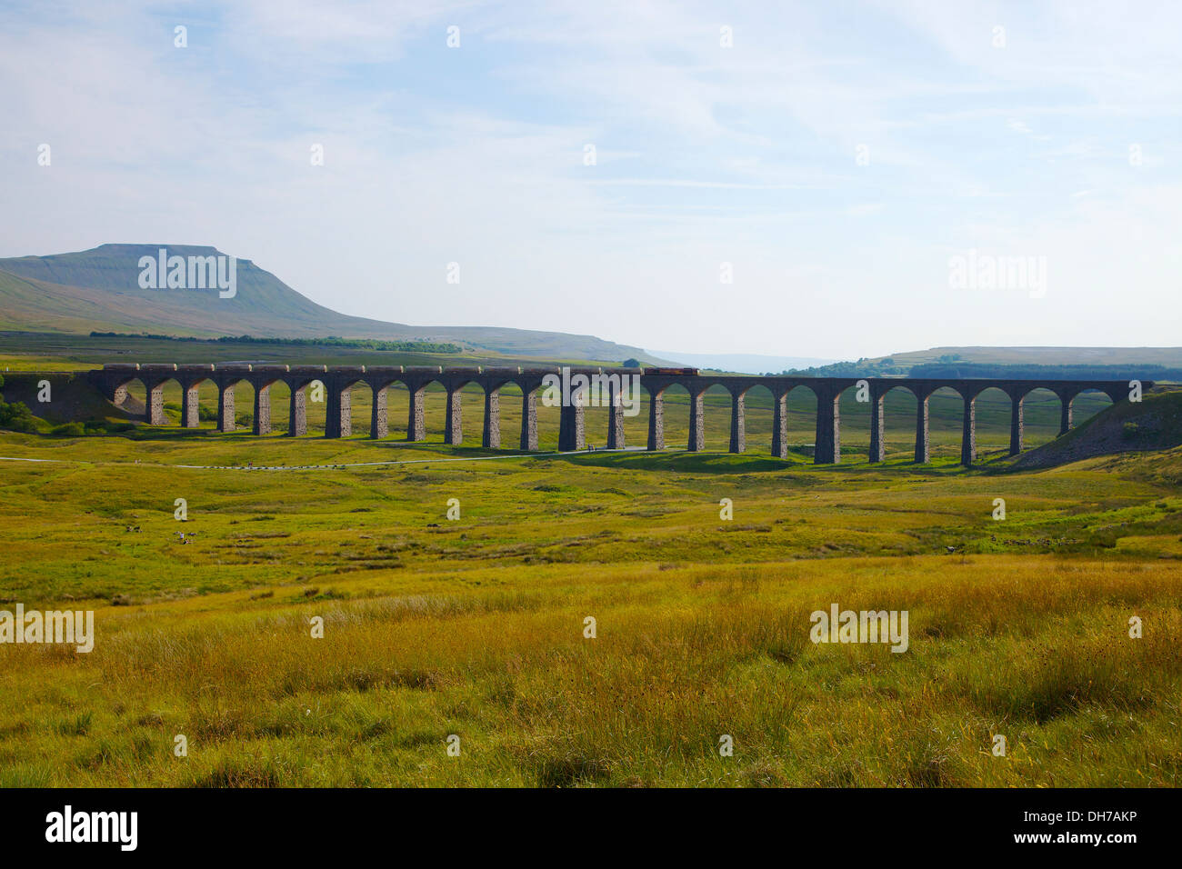 Freight train on Ribblehead Viaduct below Ingleborough mountain Yorkshire Dales National Park North Yorkshire England UK Stock Photo