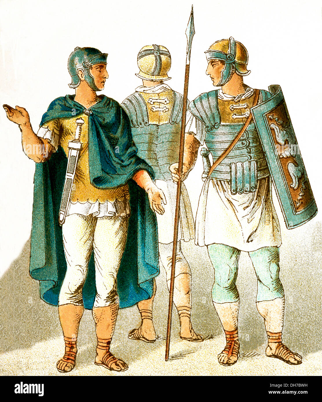 The figures represent three ancient Roman military personnel. The illustration dates to 1882. Stock Photo