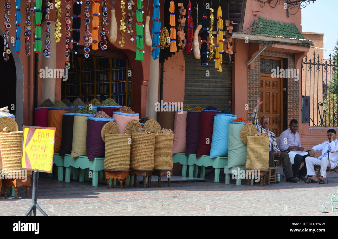Plenty of colourful spices on sale outside a stall in Marrakech, the Souk, in Morocco. Stock Photo
