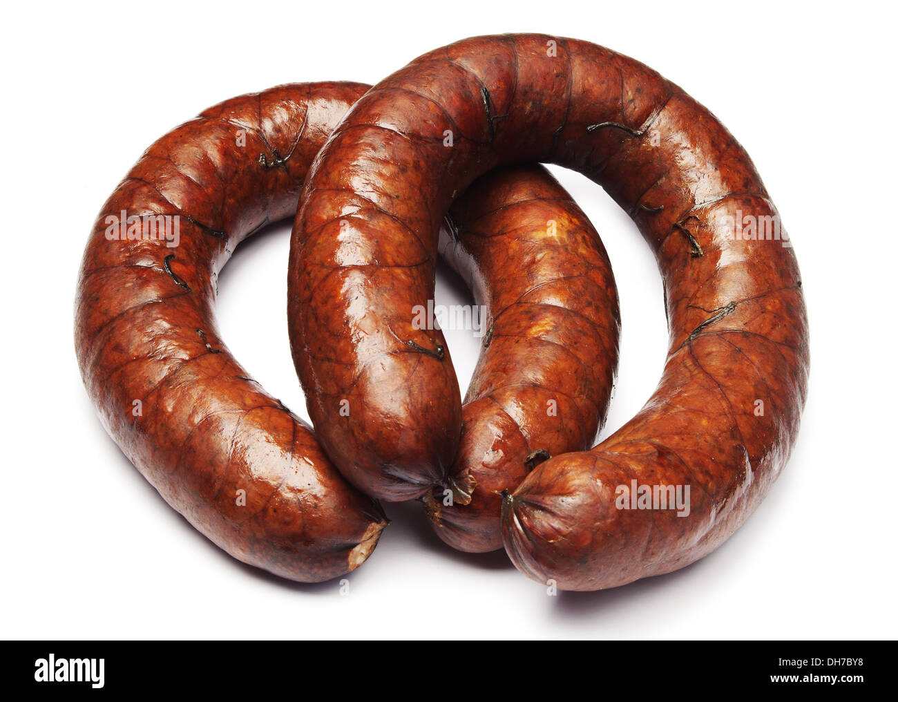 Homemade smoked sausage on white Stock Photo