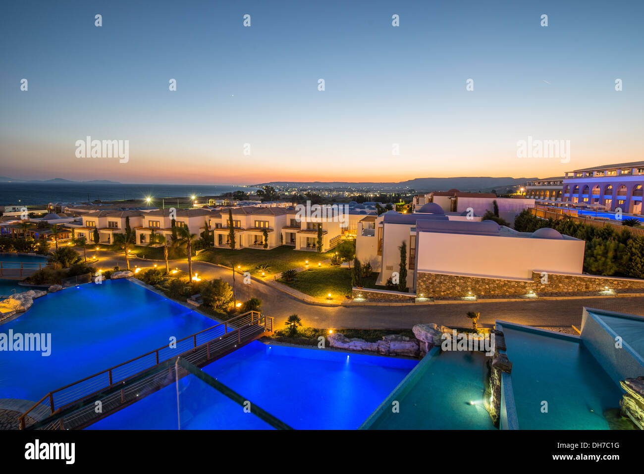 The Luxury Hotel Mitsis Blue Dome on a beautiful day and evening Stock Photo