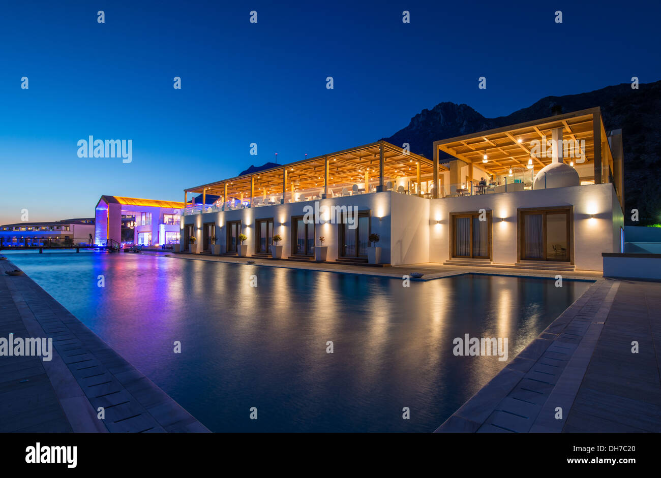 The Luxury Hotel Mitsis Blue Dome on a beautiful day and evening Stock Photo
