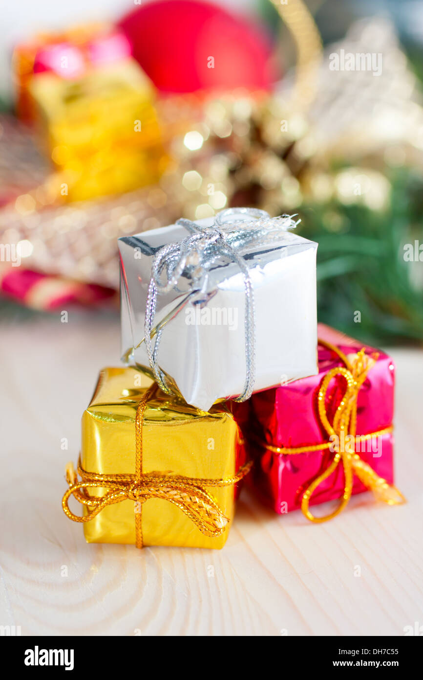 Christmas gift boxes, decoration on background Stock Photo