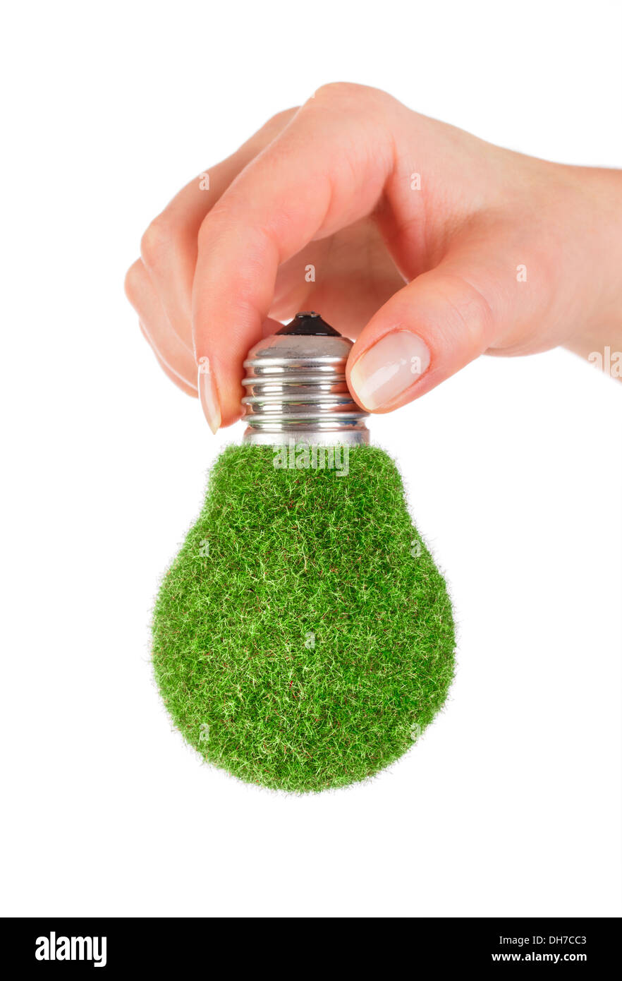 Eco light bulb in hand isolated on white background Stock Photo