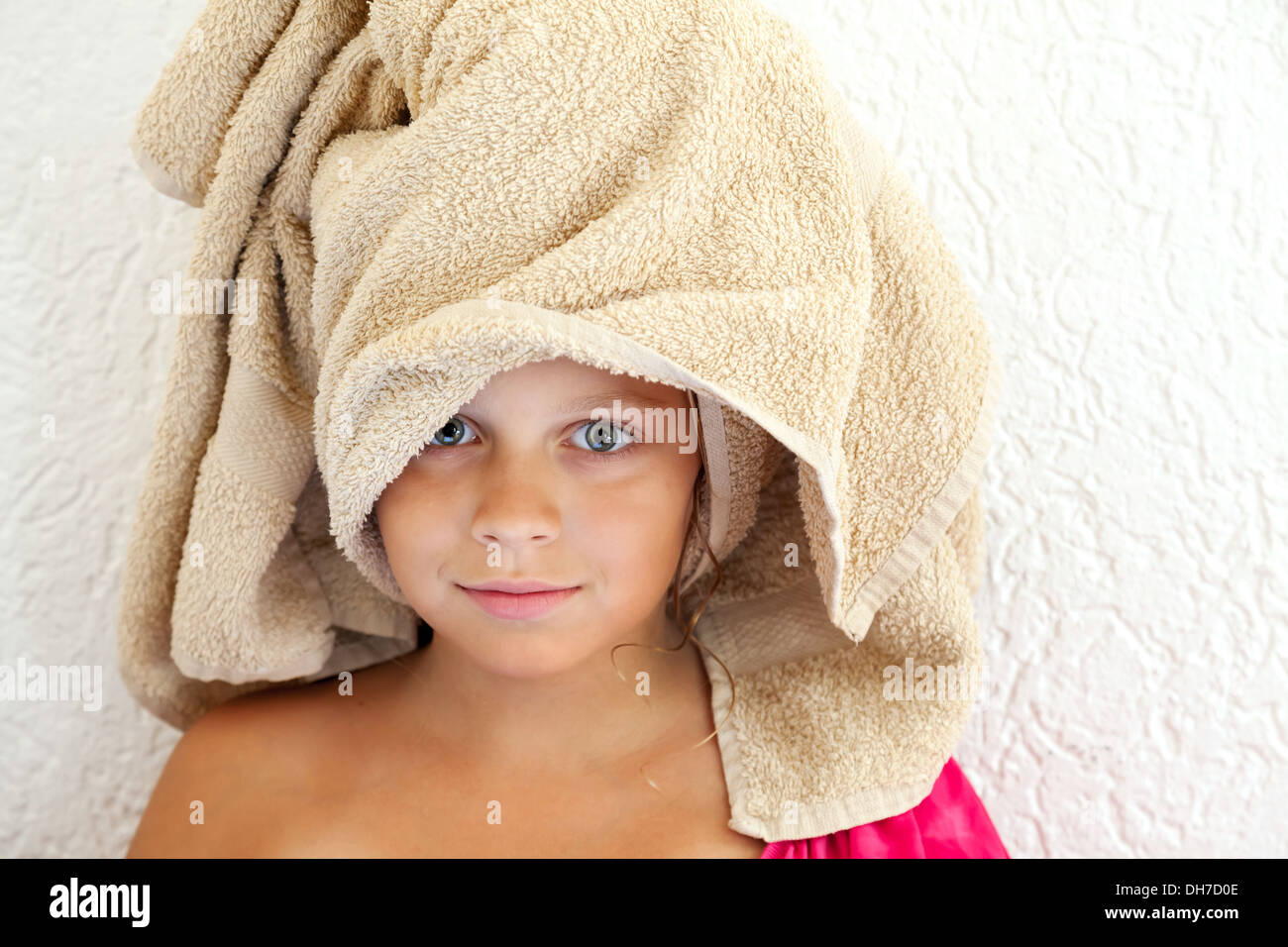 Little girl after bath with towel on her head Stock Photo Alamy