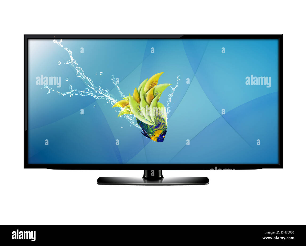 Black LCD tv screen and fish with water splash . (with clipping work path) Stock Photo