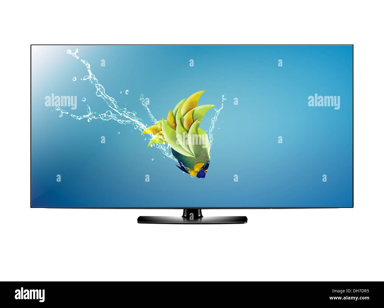 Black LCD tv screen and fish with water splash . (with clipping work path) Stock Photo