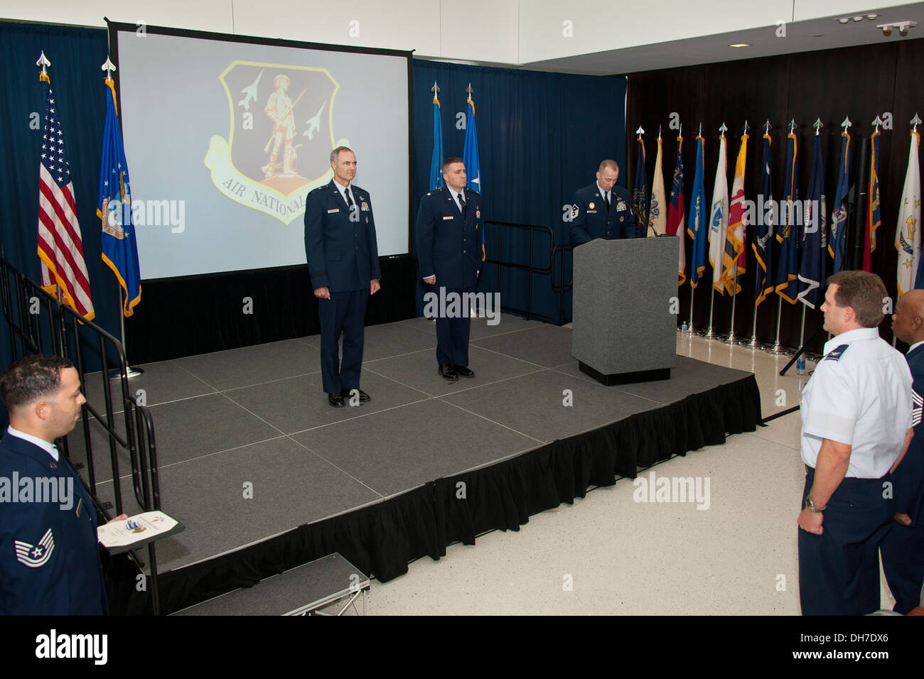 Brig. Gen. R. Scott Williams, commander of the Air National Guard Readiness Center, Joint Base Andrews, Md., presents Maj. Micha Stock Photo