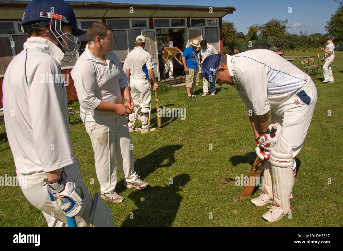 Village cricket at the ground at Chewton Mendip,Somerset,where Litton plays Travellers.a UK sport pitch grounds leisure men Stock Photo