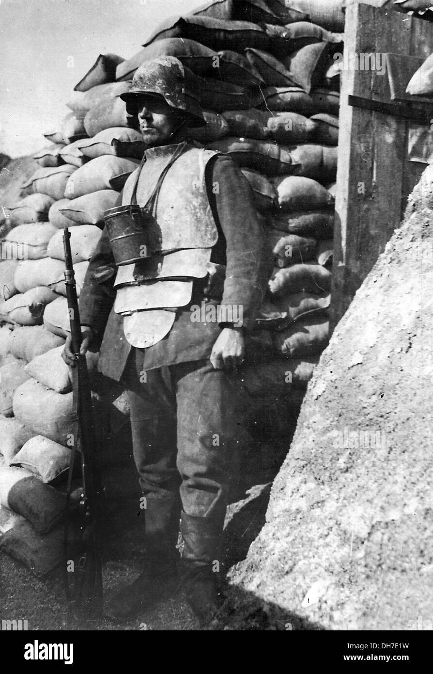 German WW1 sentry in full armor with rifle and helmet Stock Photo