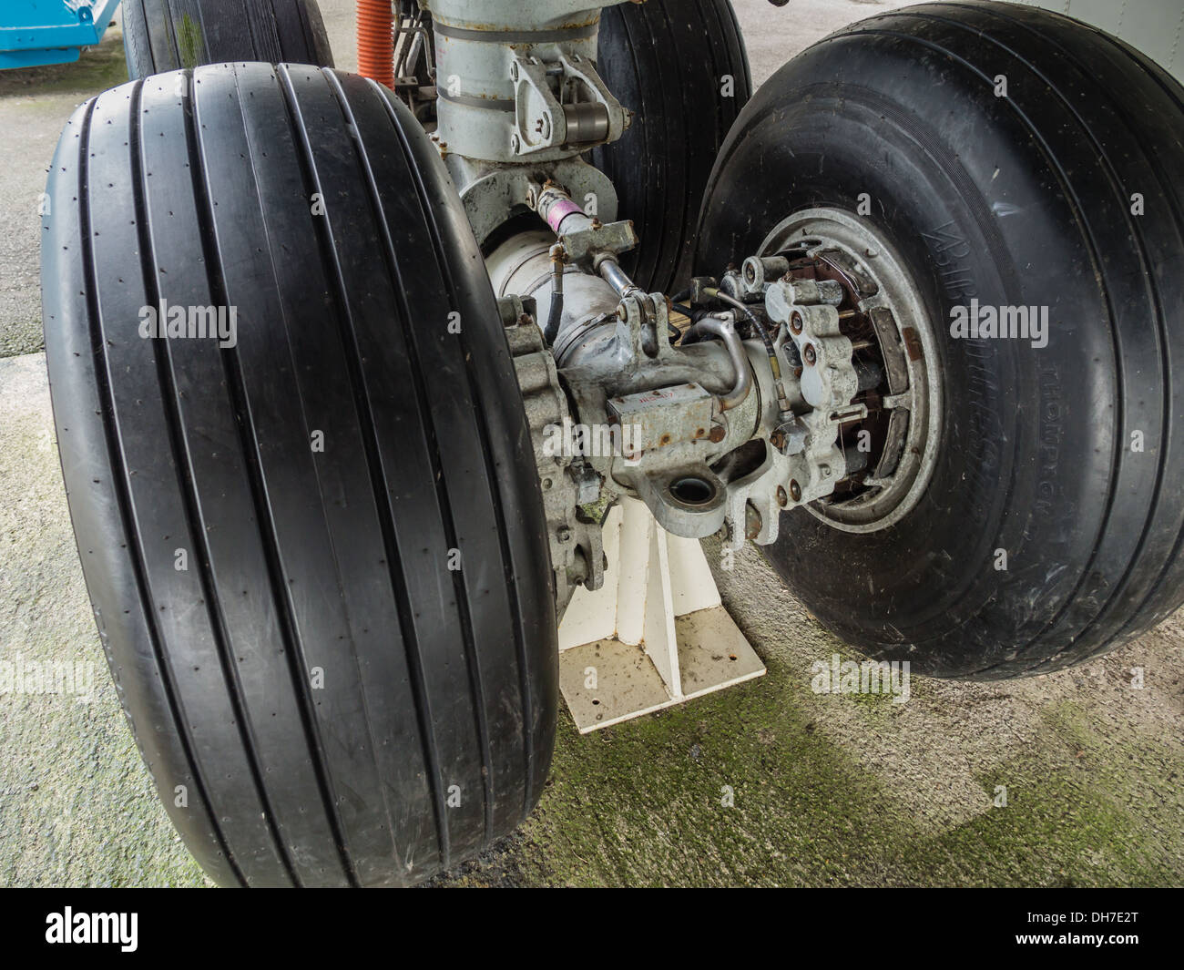 Close-up of landing wheels of a jumbo jet airliner Stock Photo