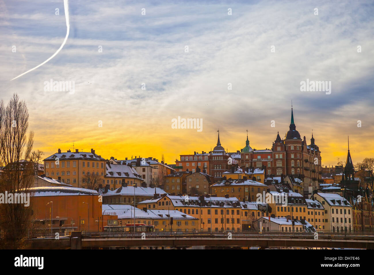 Beautiful architecture in Stockholm Sodermalm area in winter at sunset. Stock Photo