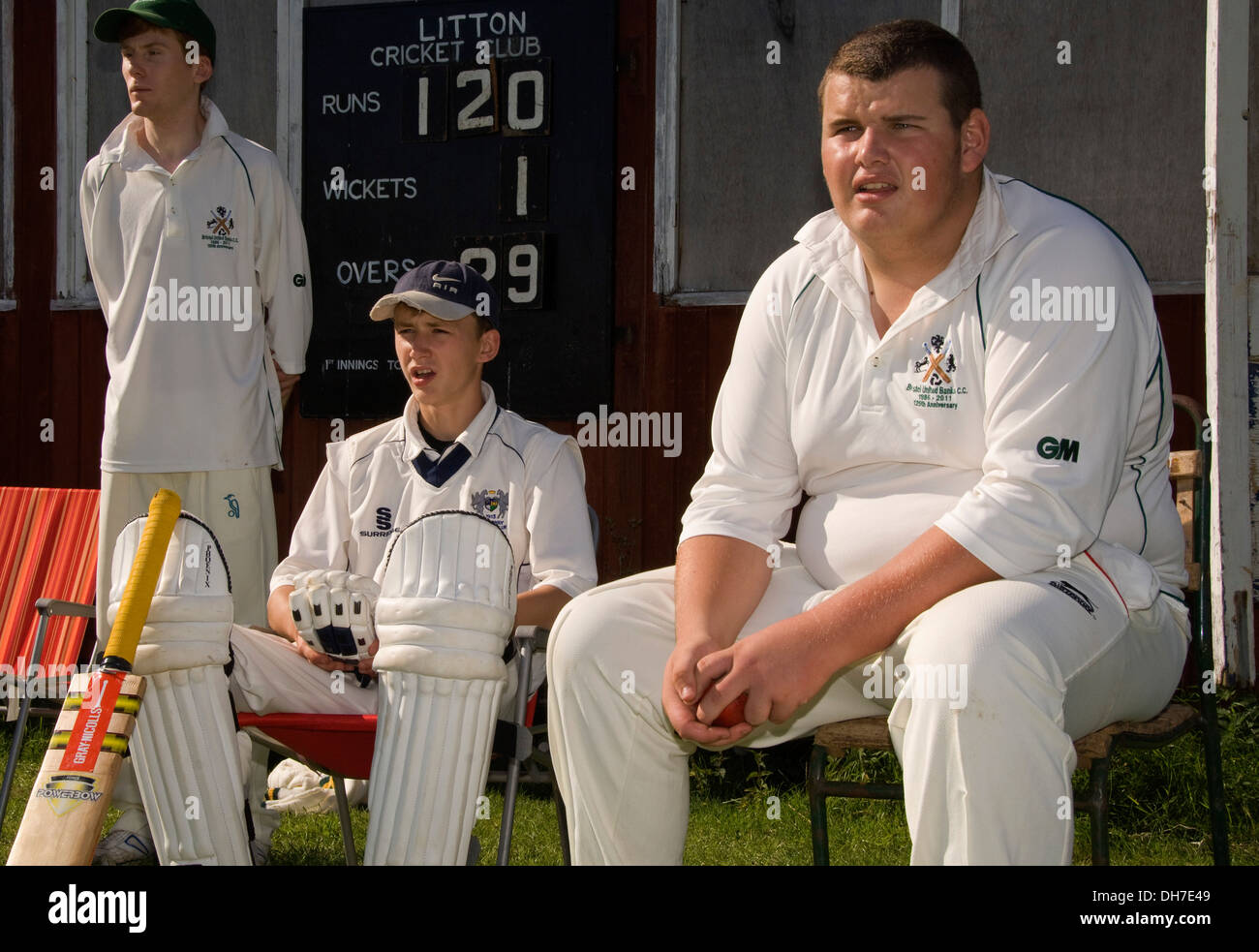 Village cricket at the ground at Chewton Mendip,Somerset,where Litton plays Travellers.a UK sport pitch grounds leisure men Stock Photo