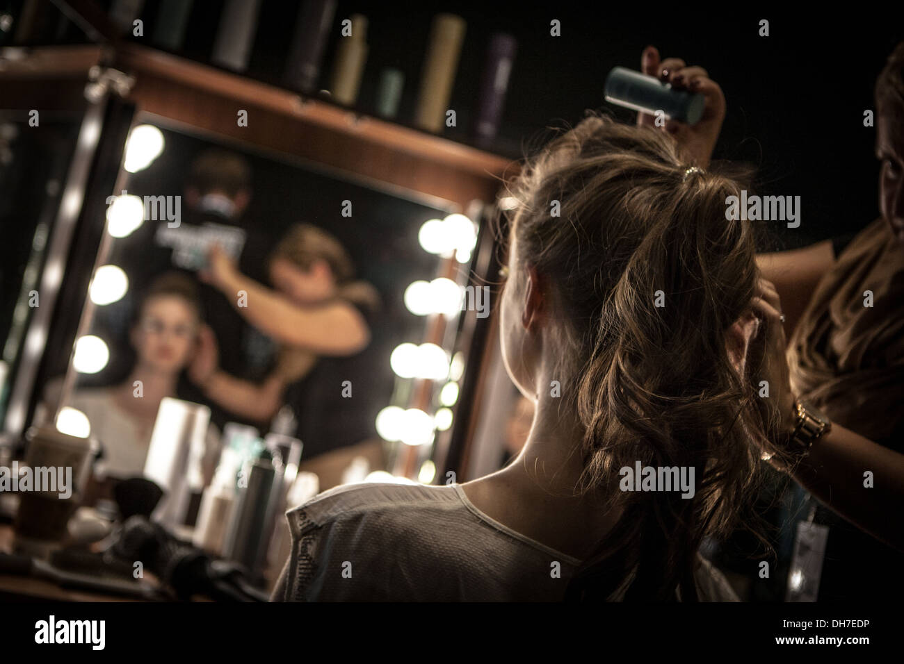 Model being prepared for fashion show. Stock Photo