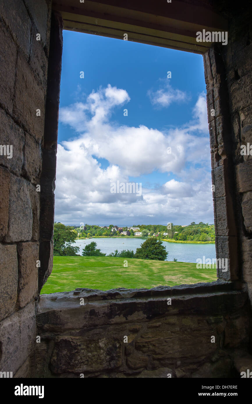 View Through Window On Linlithgow Palace To Lake Near Edinburgh In Scotland Stock Photo