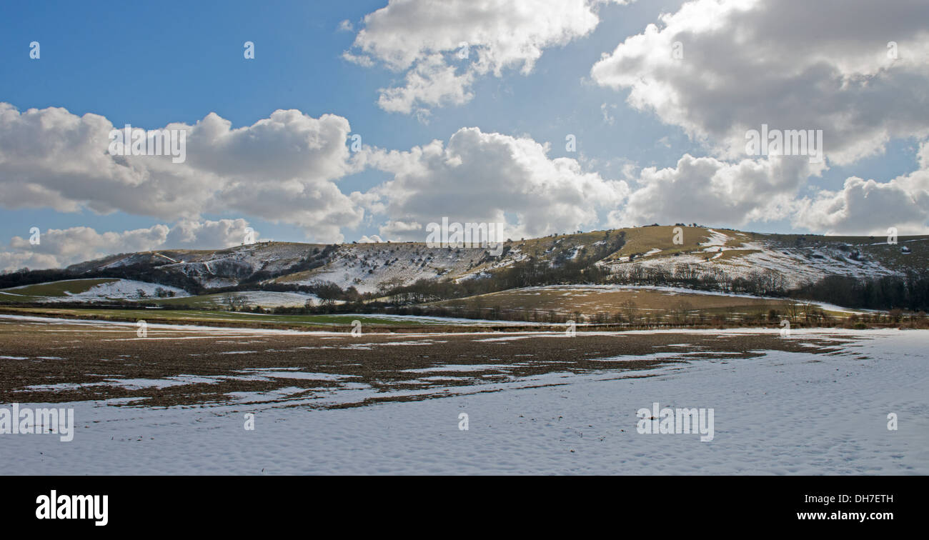 A Panoramic Landscape View Of The Ditchling Beacon Covered In Snow, East Sussex, England, Great Britain, Uk Stock Photo