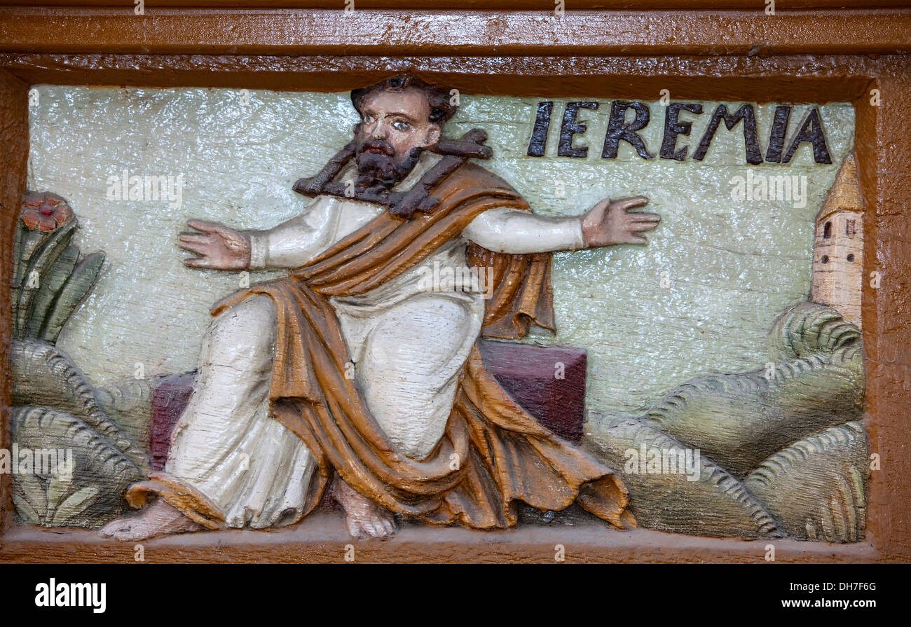 The prophet Jeremiah, 6th century BC, Old Latin School, wood carvings, Alfeld, Germany Stock Photo