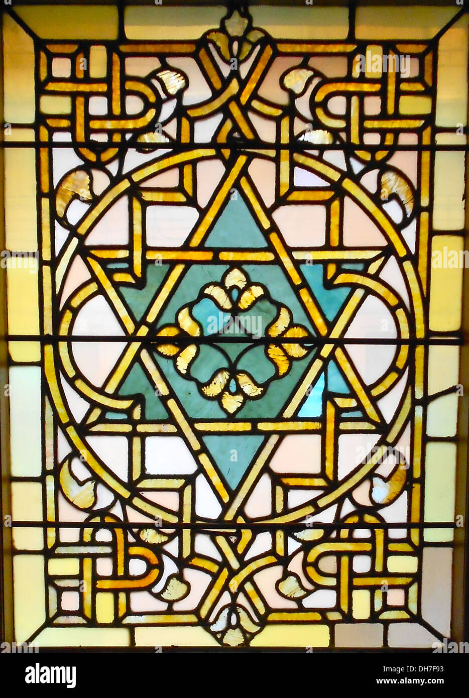 Stained glass window in the library, the Albright Memorial Building , listed on the NRHP on May 22, 1978. Located on North Washi Stock Photo