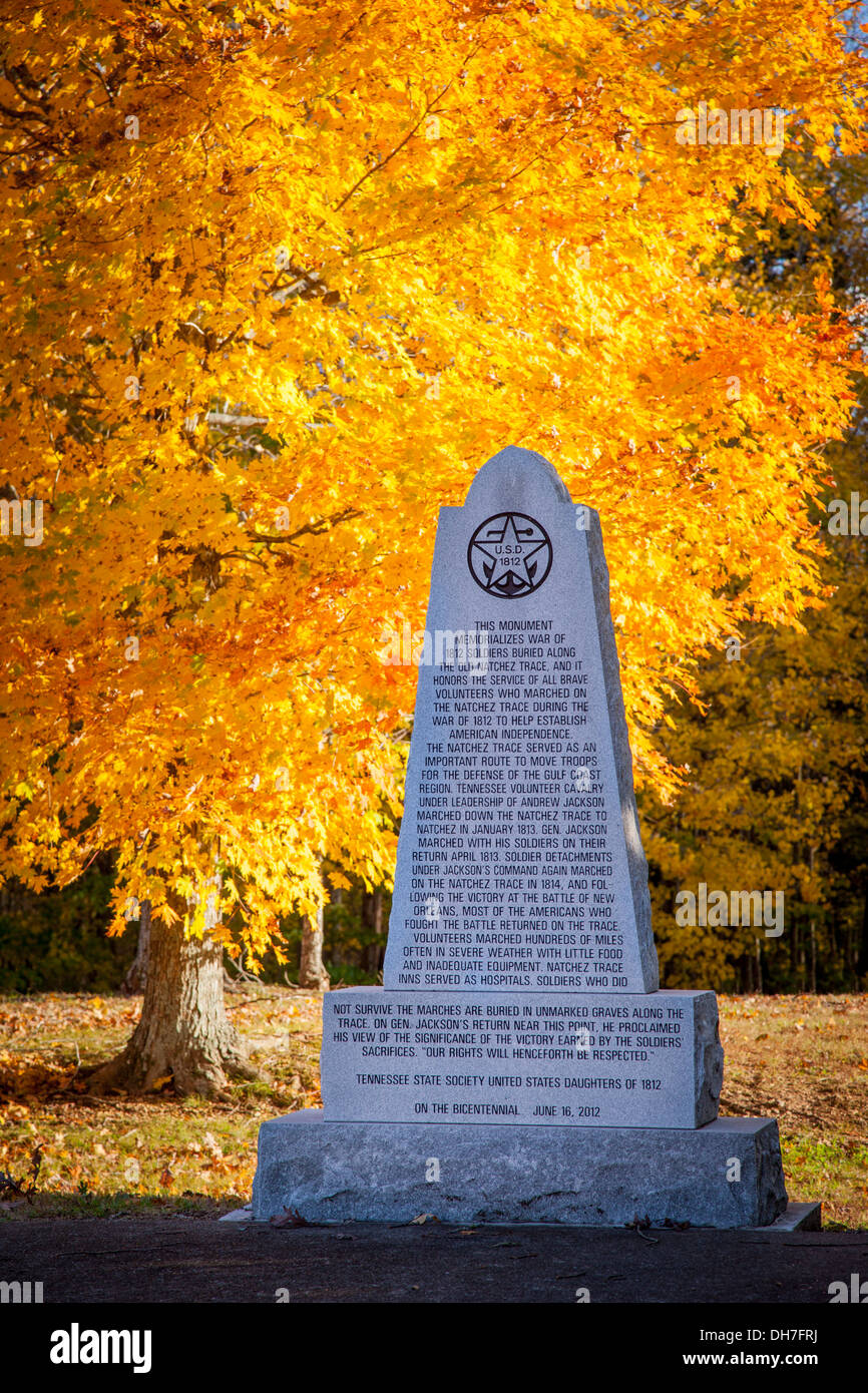Monument along the Natchez Trace honoring soldiers lost on this route during the war of 1812, Tennessee, USA Stock Photo