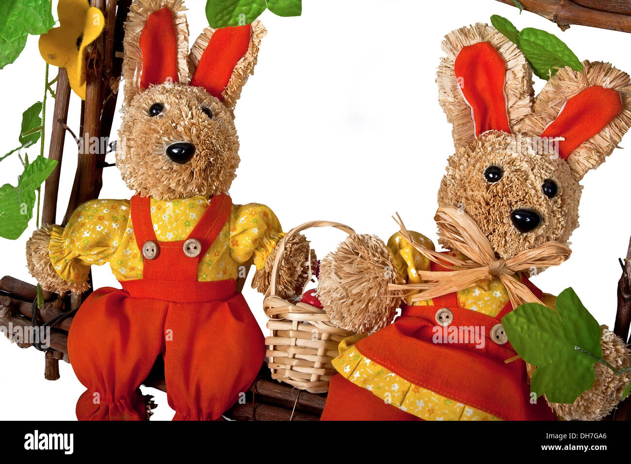 two easter bunnies with basket of eggs Stock Photo