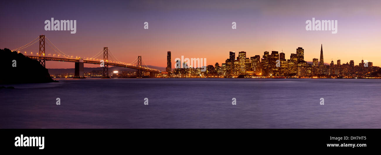 Wide panoramic view of the San Francisco Skyline viewed from Treasure Island, California USA Stock Photo