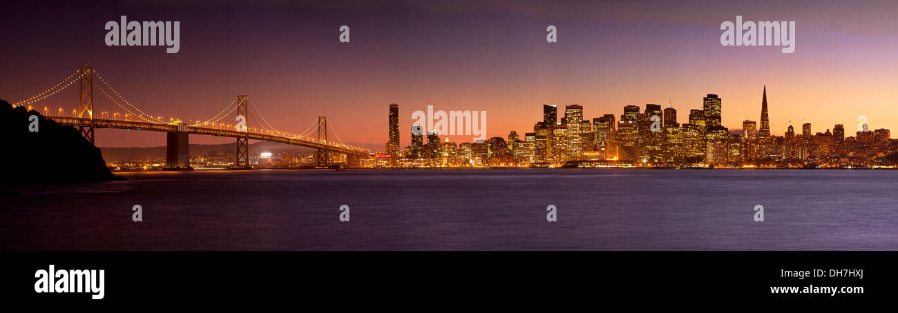 Wide panoramic view of the San Francisco Skyline viewed from Treasure Island, California USA Stock Photo