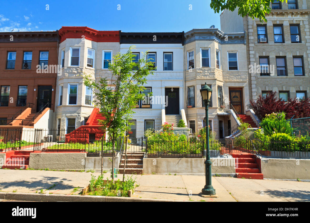 A row of attached apartment buildings on Eastern Parkway in the Crown Heights neighborhood of Brooklyn, New York Stock Photo