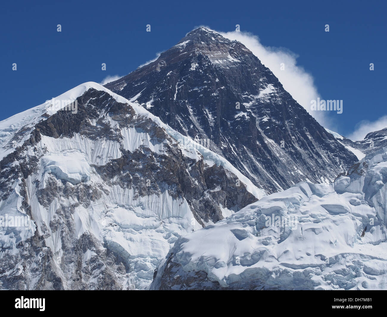 The peak of Mount Everest seen from Kala Patthar in the Nepal Himalaya. Stock Photo