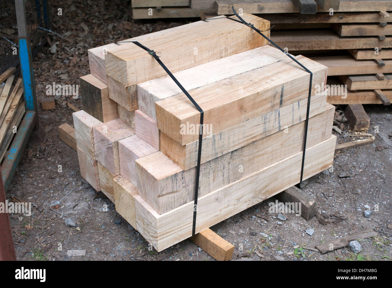 Sawmill freshly cut new blocks of wood heavy Oak Stock Photo