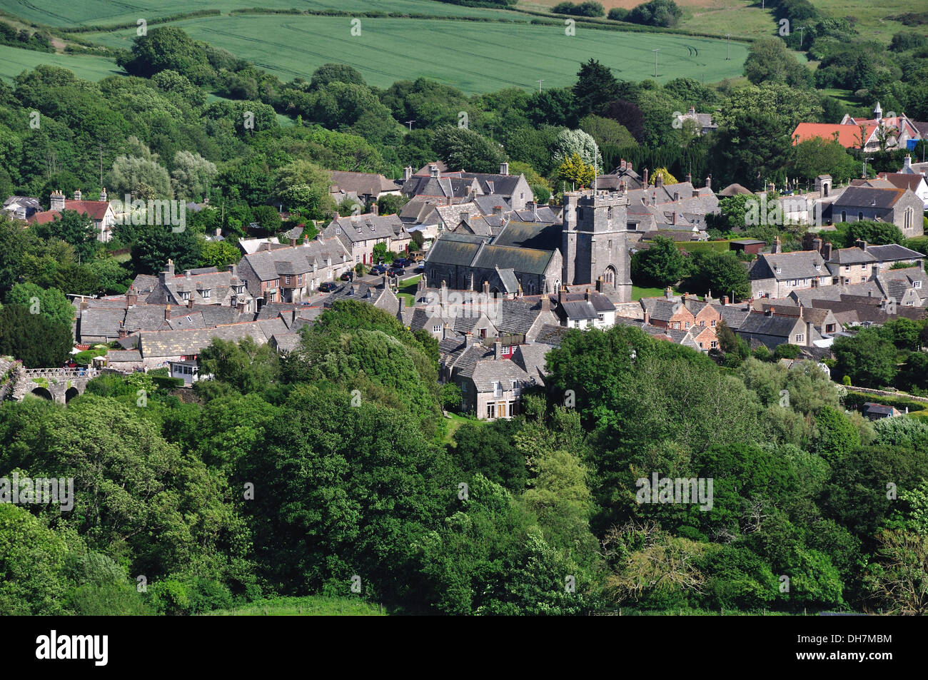 A view of Corfe Castle village in the Purbeck Hills Dorset UK Stock Photo