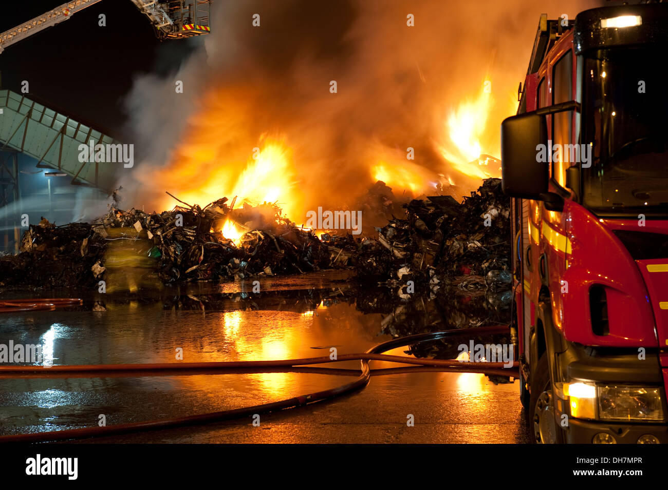 Huge Flames Fire Scrapyard Night Engine Metal Scrap Stock Photo