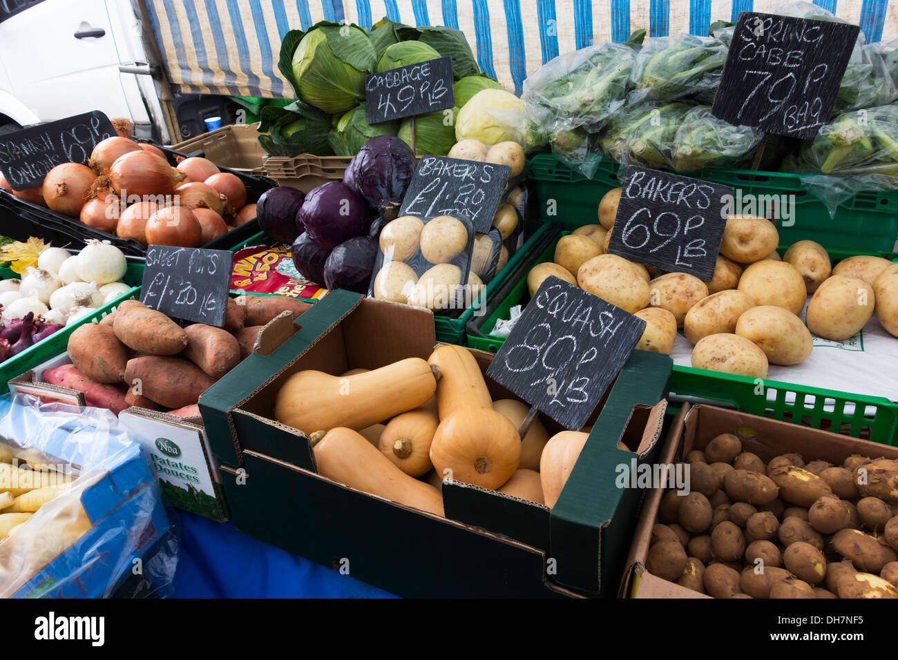 A display of fresh vegetables at a greengrocers shop on a market stall ...