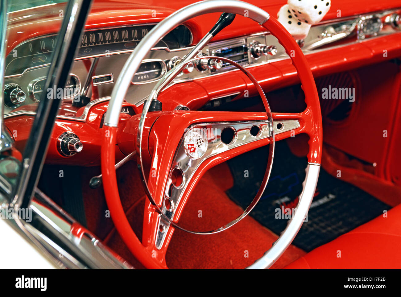 Steering wheel of vintage car, Route 66 Auto Museum, Santa Rosa, New Mexico USA Stock Photo