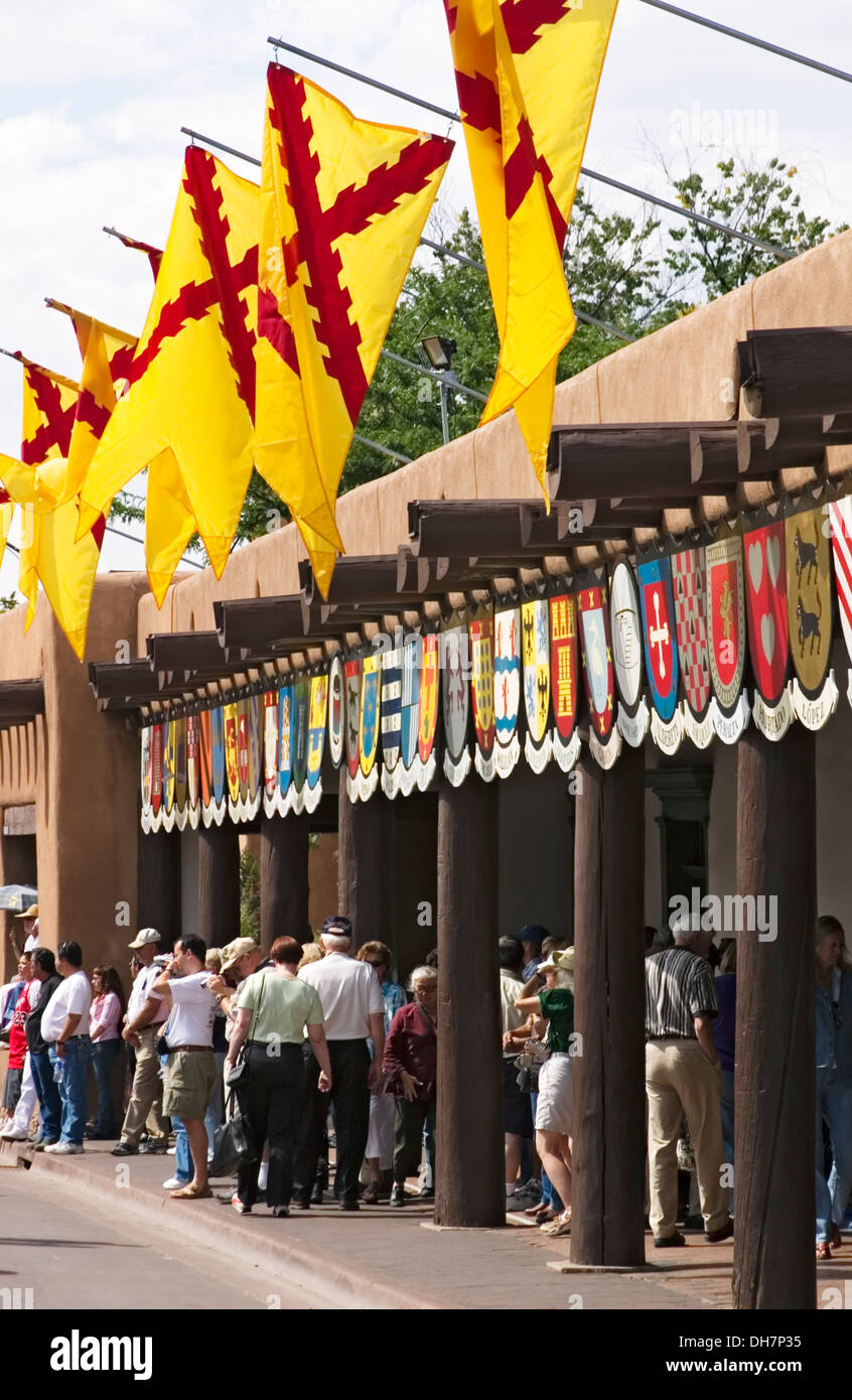 Palace of the Governors and flags, people, Fiesta de Santa Fe, New