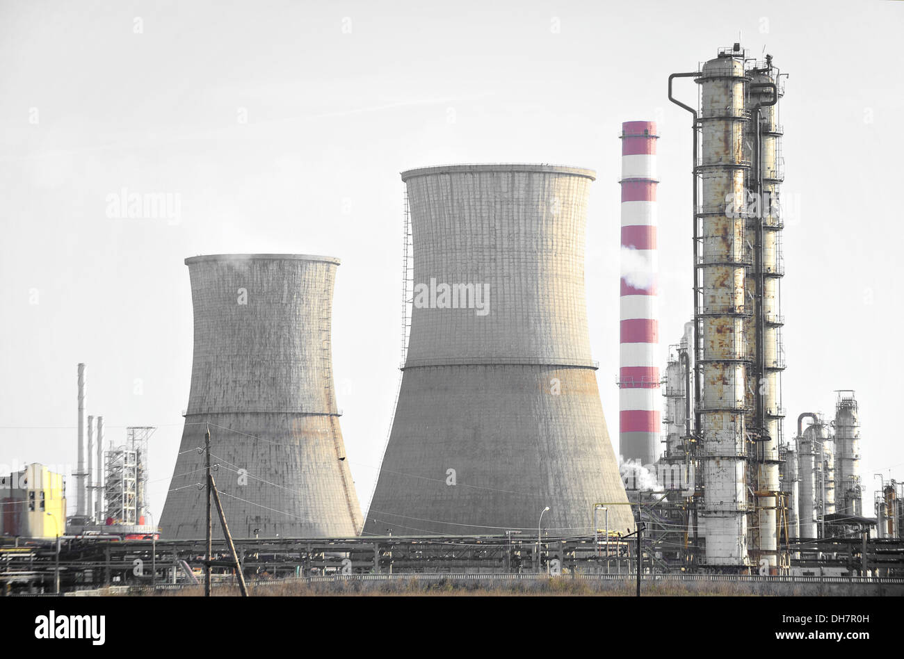 Industrial view with a petrochemical plant and cooling towers Stock Photo