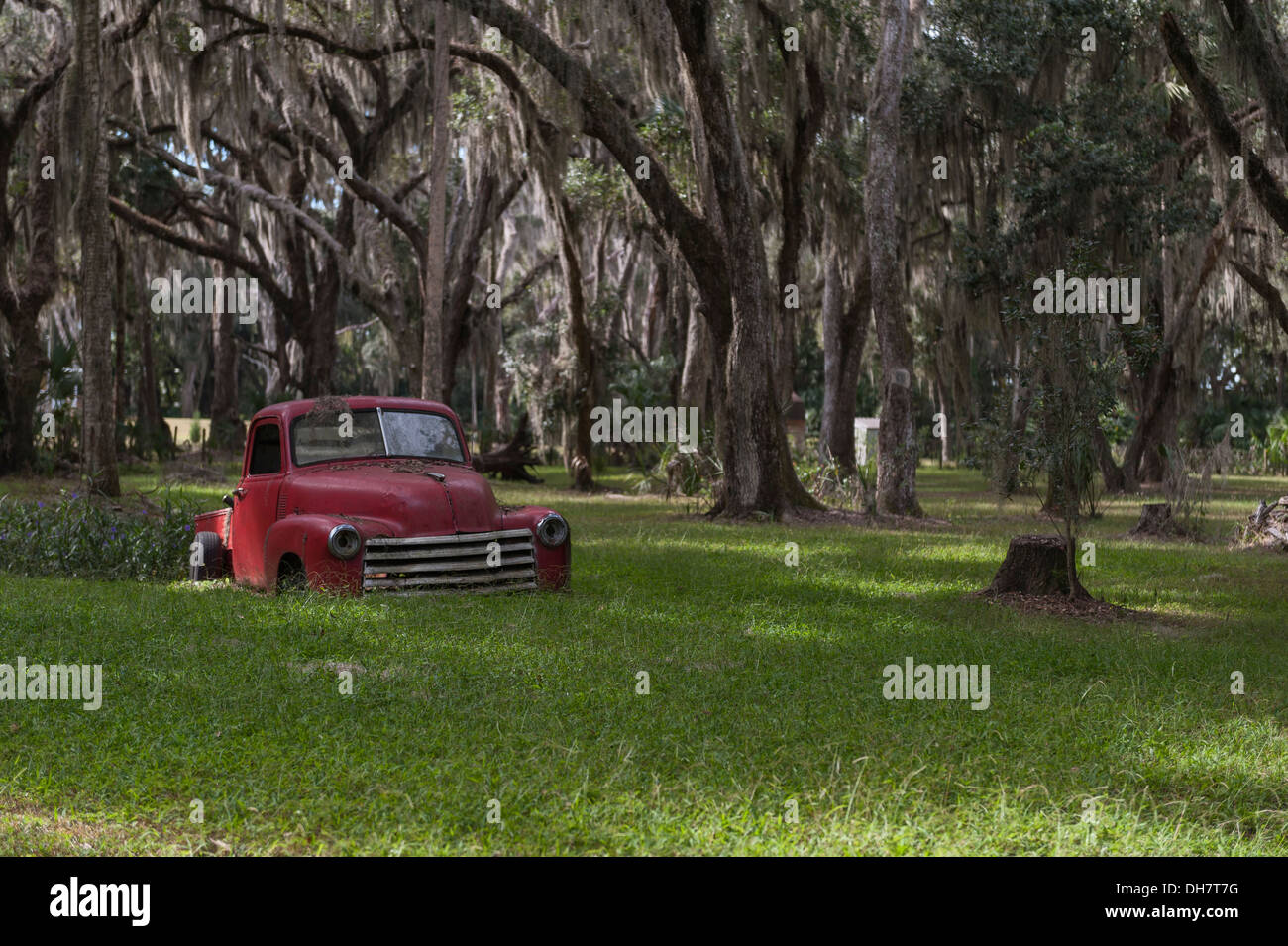 An old Chevrolet pickup truck being use as decoration on private property in Leesburg, Florida USA Stock Photo