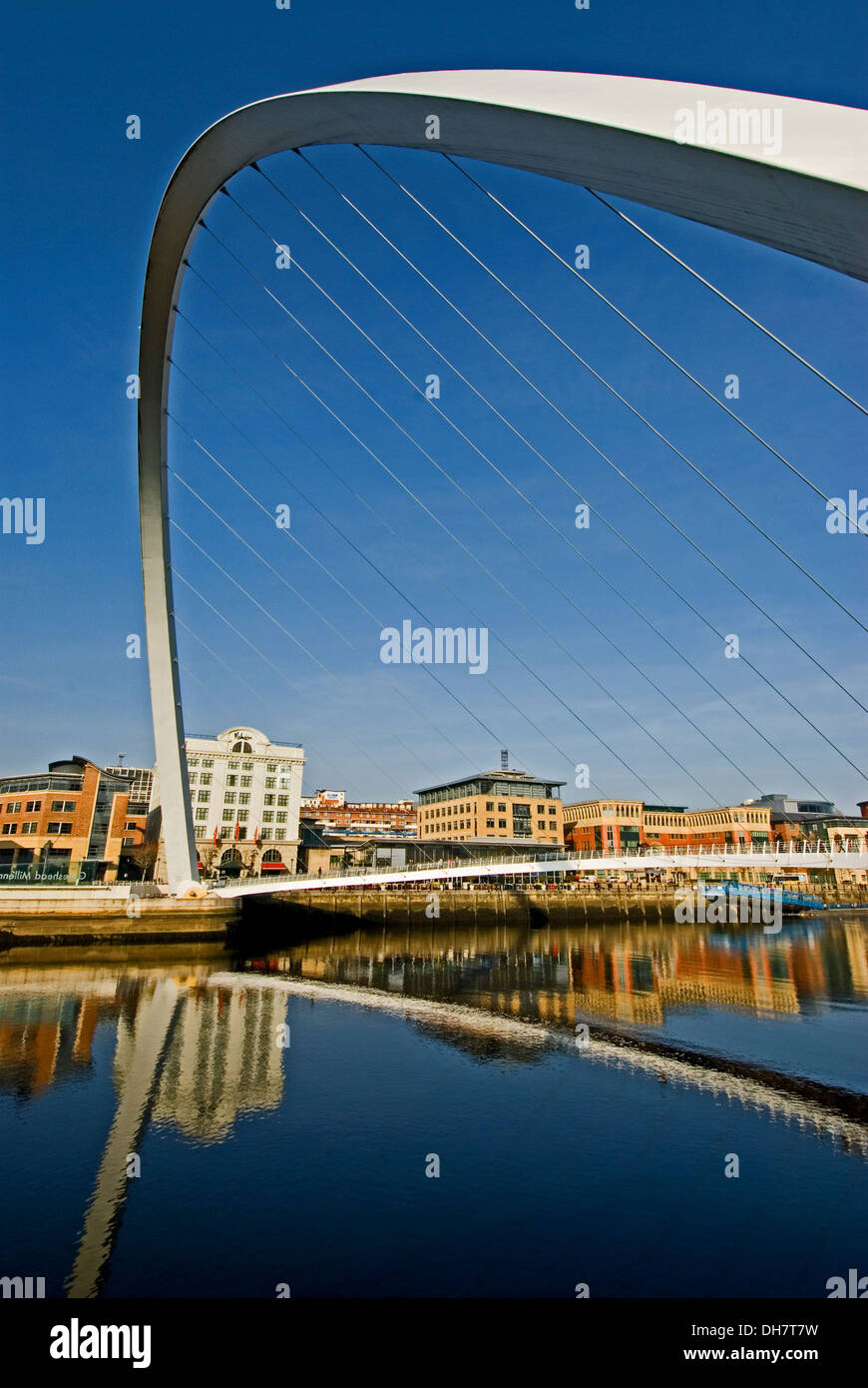 Gateshead Millenium bridge and perfect reflections in the River Tyne, Newcastle / Gateshead quayside. Stock Photo