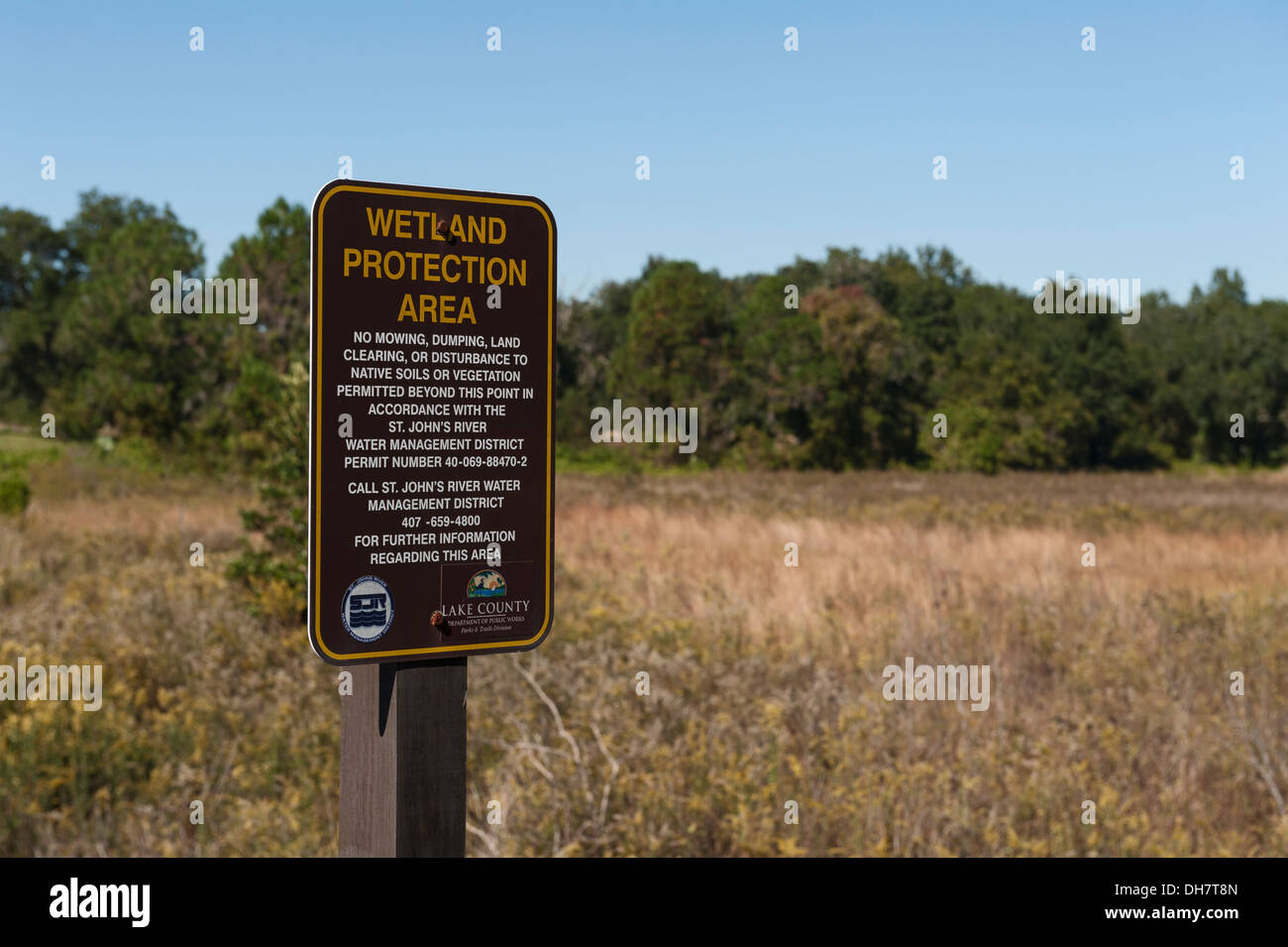 St. johns River Water Management District. Wet Land Protection area posted in Lake County Florida Stock Photo