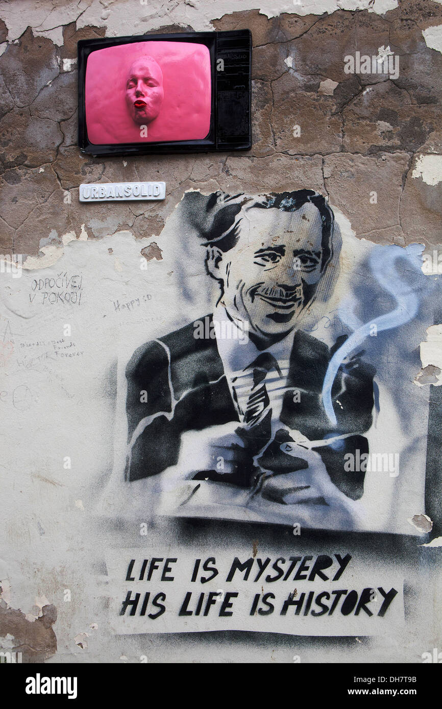 Stencil street art Graffiti wall Vaclav Havel on Kampa Island, Prague street art Czech Republic Stock Photo