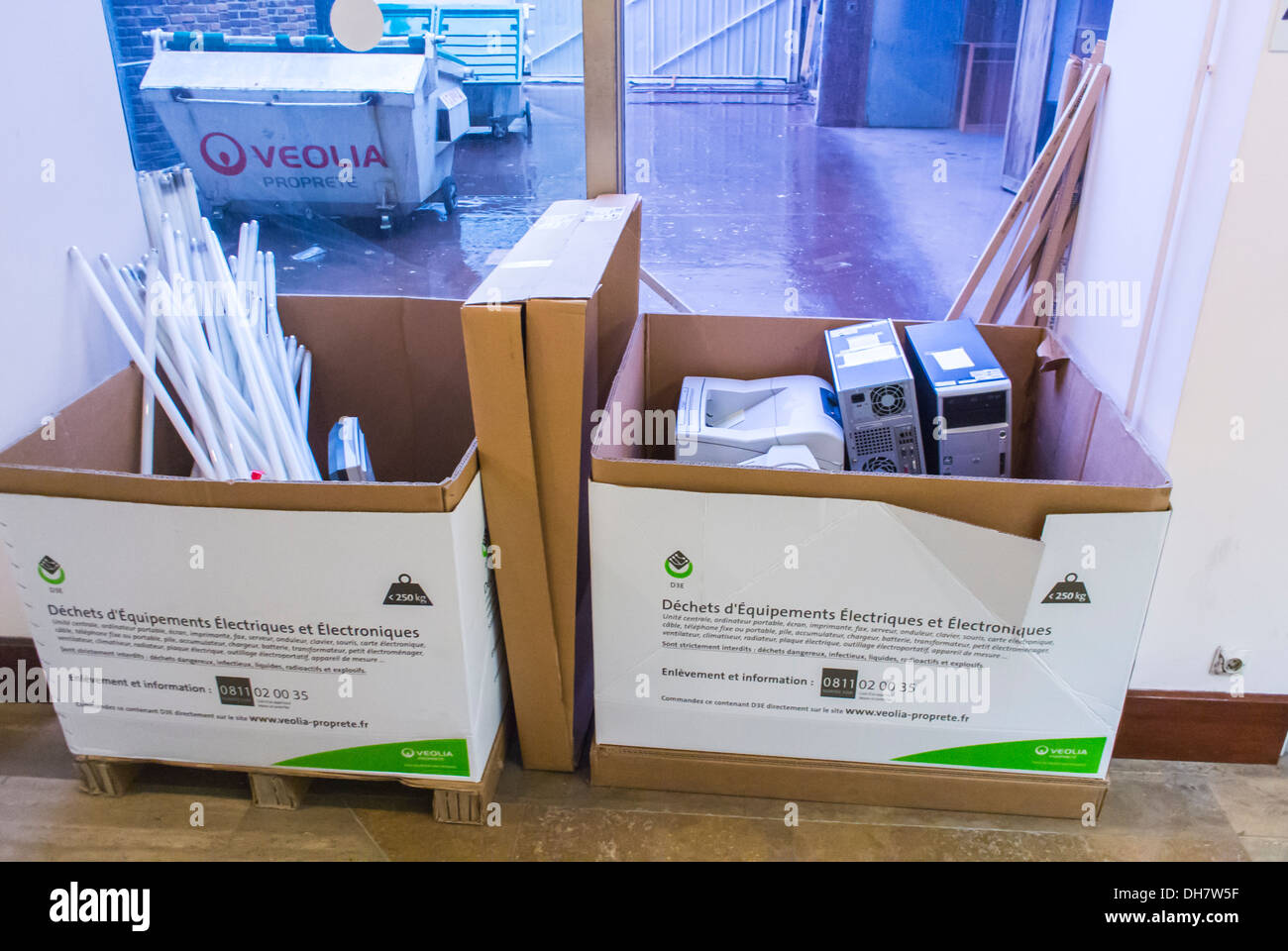 Office Equipment, Computers, Recycling Boxes in Building Hall Stock