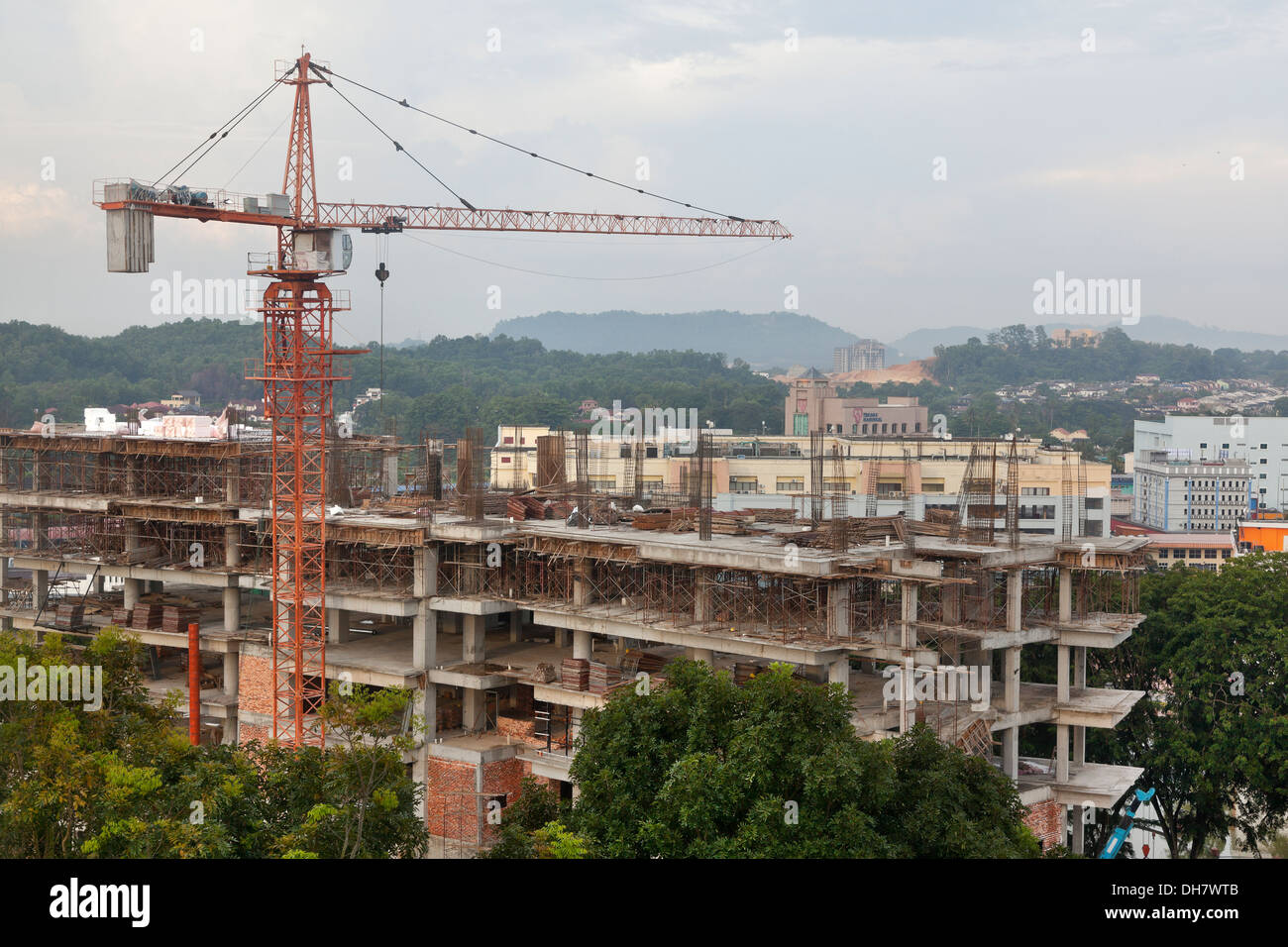 Commercial construction work with concrete, rebar, crane gib, Seremban, Malaysia Stock Photo