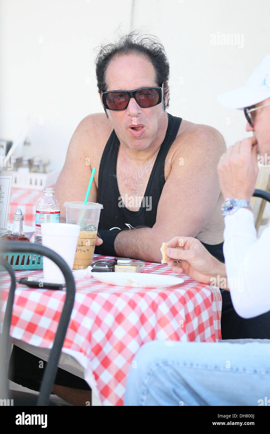 Andrew Dice Clay drinks an iced coffee beverage in Beverly Hills.. Los