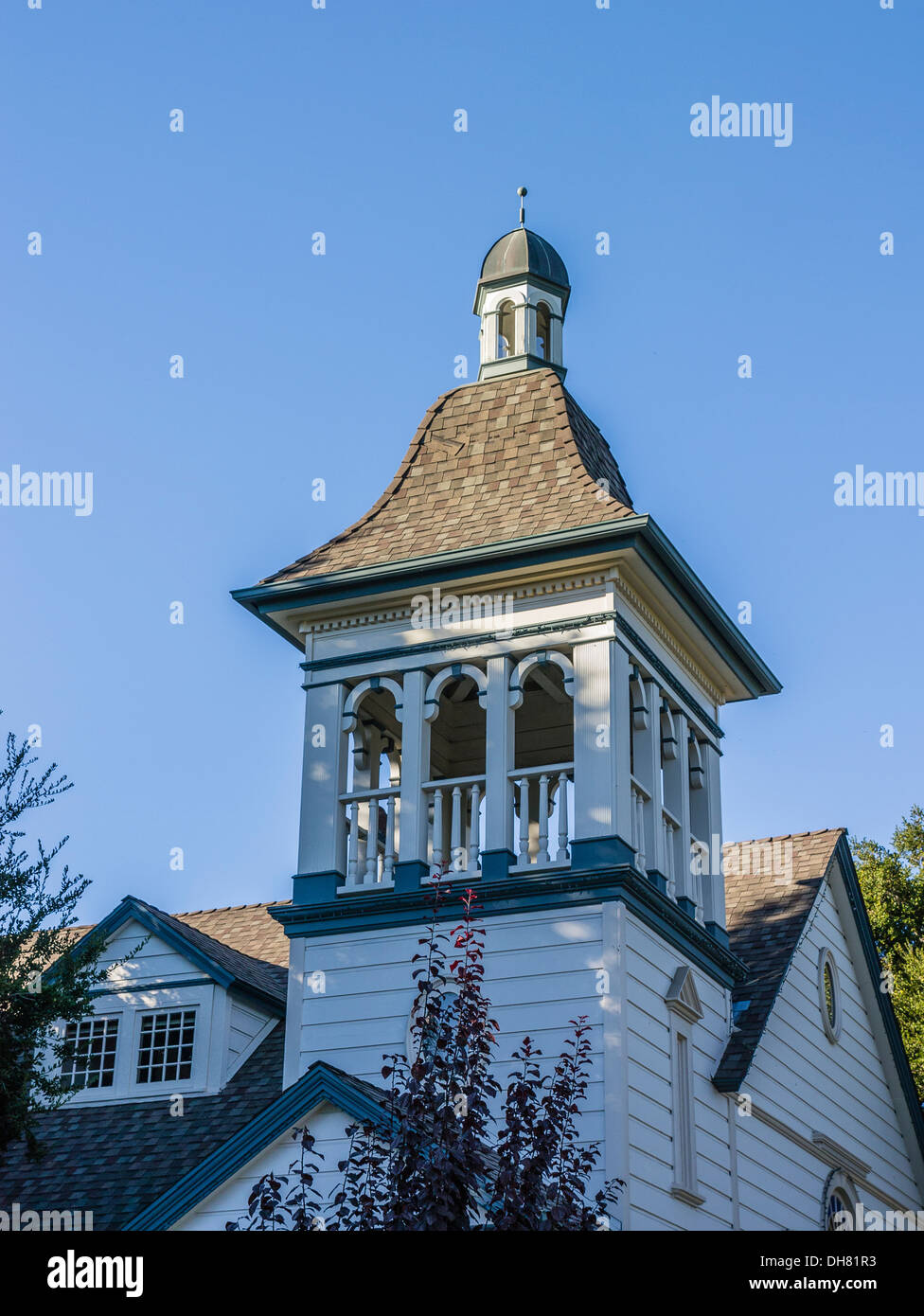 Detail of belfry of the first church in Ojai, California. Originally