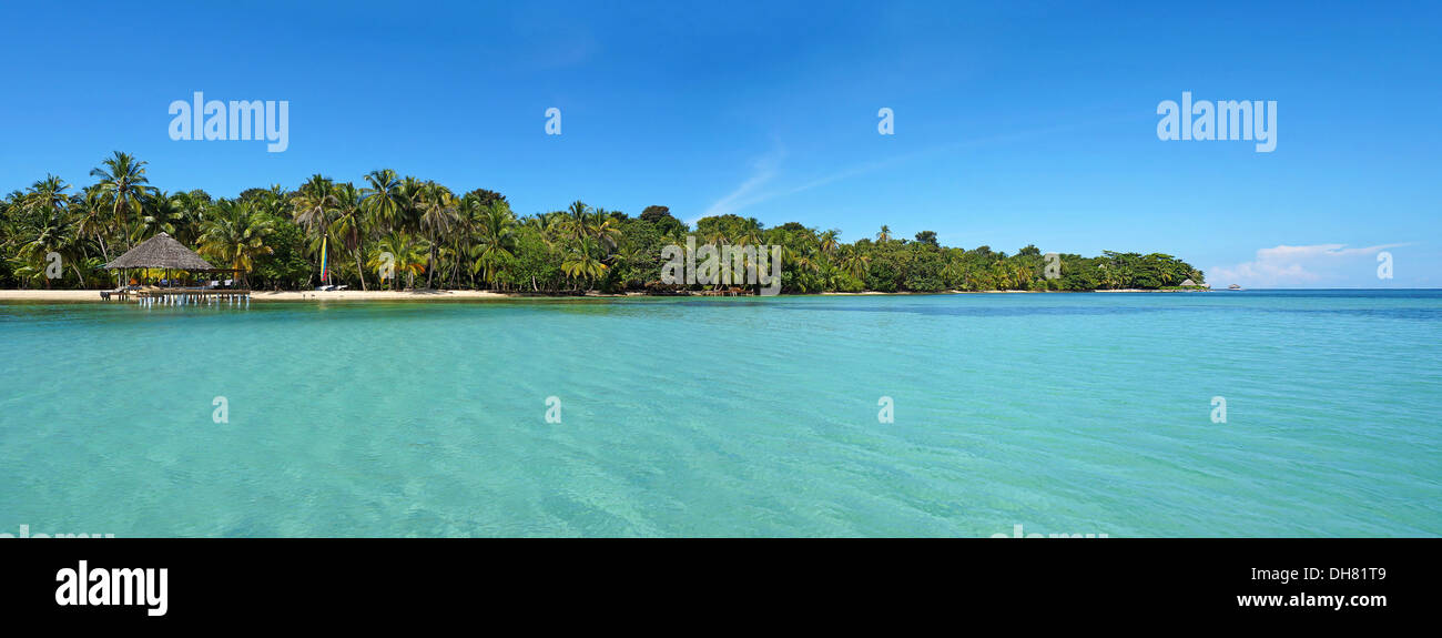 Tropical island panoramic with calm sea and blue sky, Caribbean, Panama Stock Photo