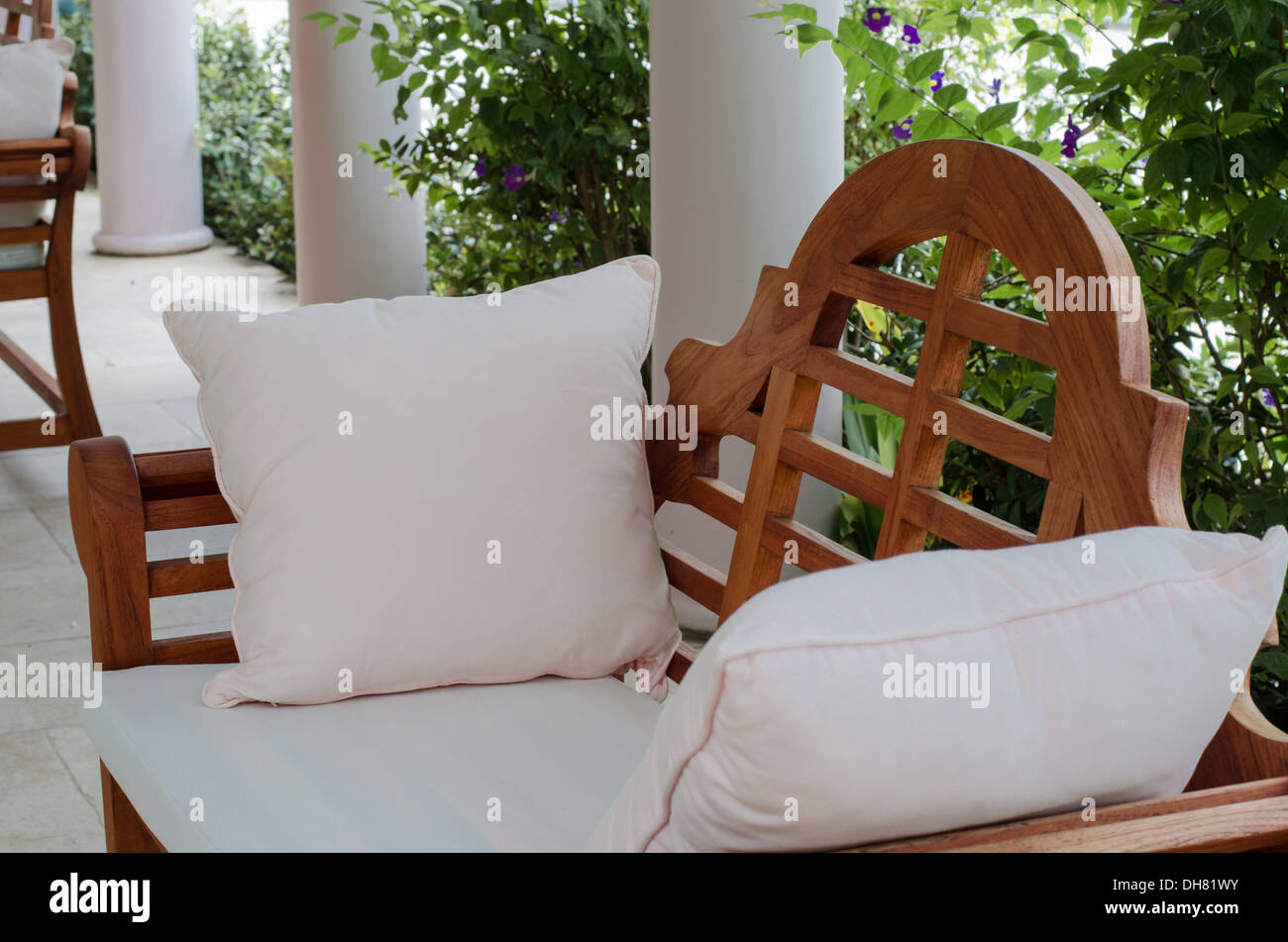 Outdoor Wooden Bench With White Pillows Stock Photo 62257383 Alamy