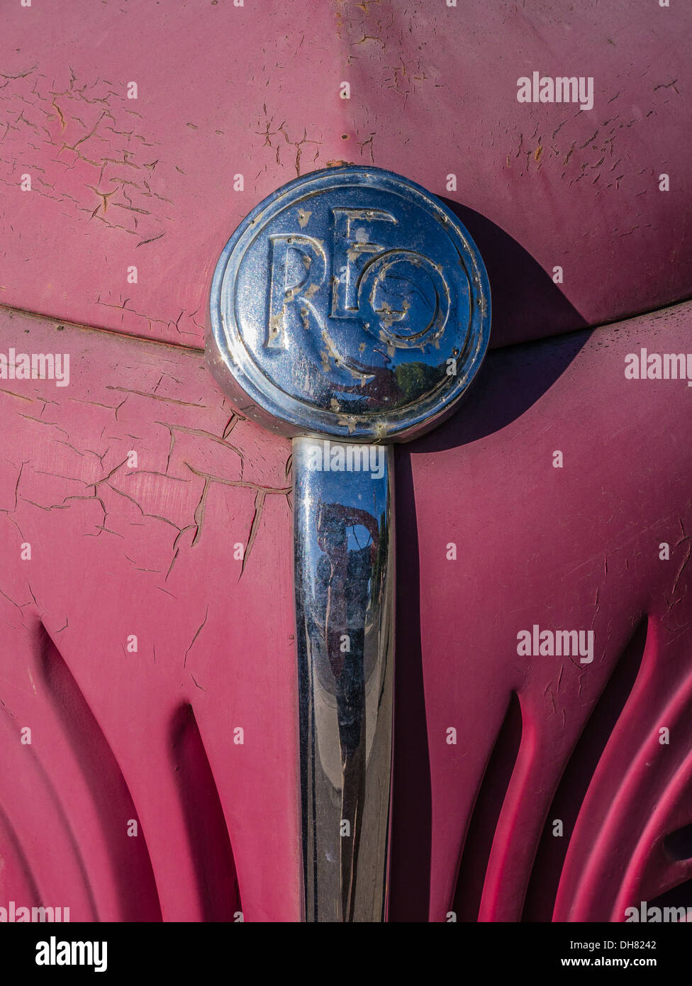 Detail of antique REO truck logo on the front hood in Ojai, California. Stock Photo