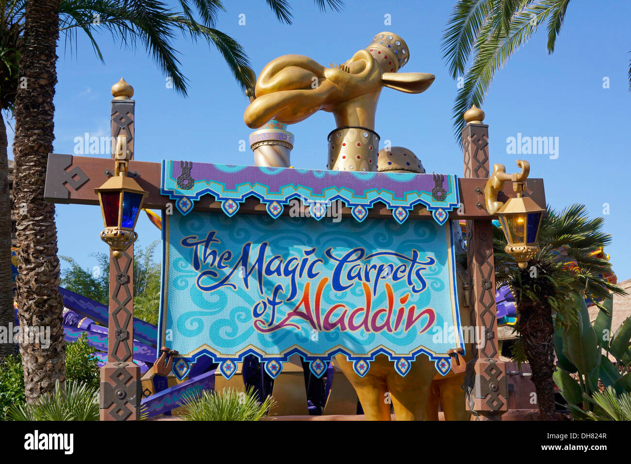 The Magic Carpets of Aladdin sign to Rides at Magic Kingdom, Adventureland, Disney World Resort, Orlando Florida Stock Photo