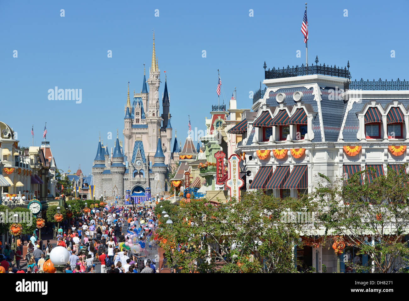 Disney World Resort View of Cinderella Castle in Autumn, October with Halloween Decorations, Magic Kingdom, Orlando Florida Stock Photo