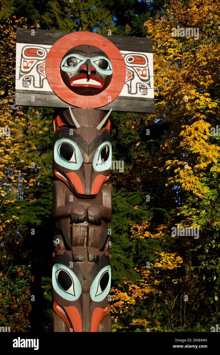 First Nations totem pole in Stanley Park, Vancouver, BC Canada, in the