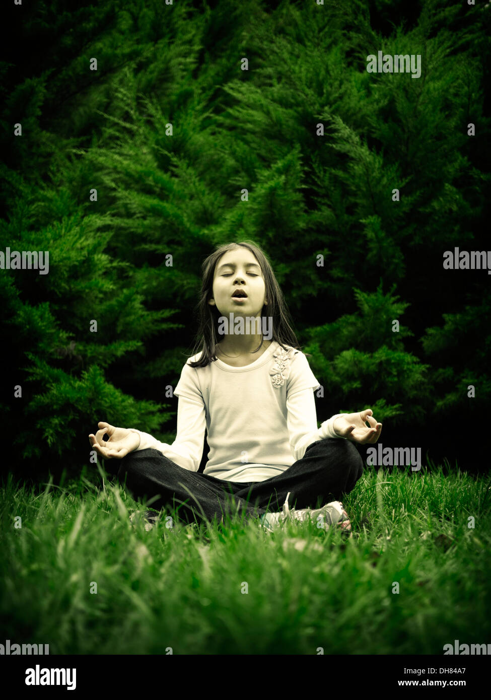 Girl, meditation, green Stock Photo